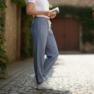 Athleta Cabo Linen Wide Leg Pant Blue Womens Size 4 Elastic Waist Drawstring